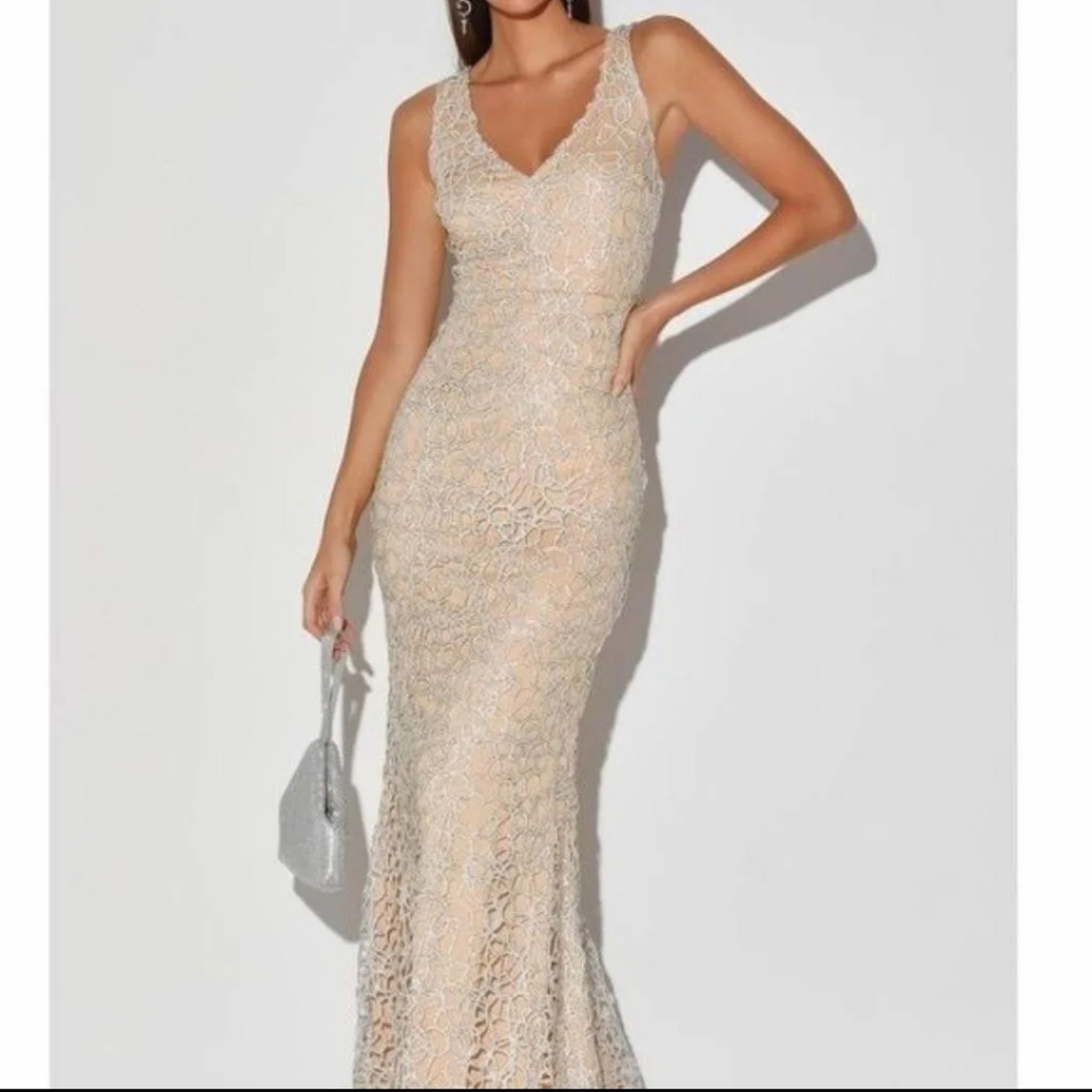 Lulus dress, nude/silver, maxi, large